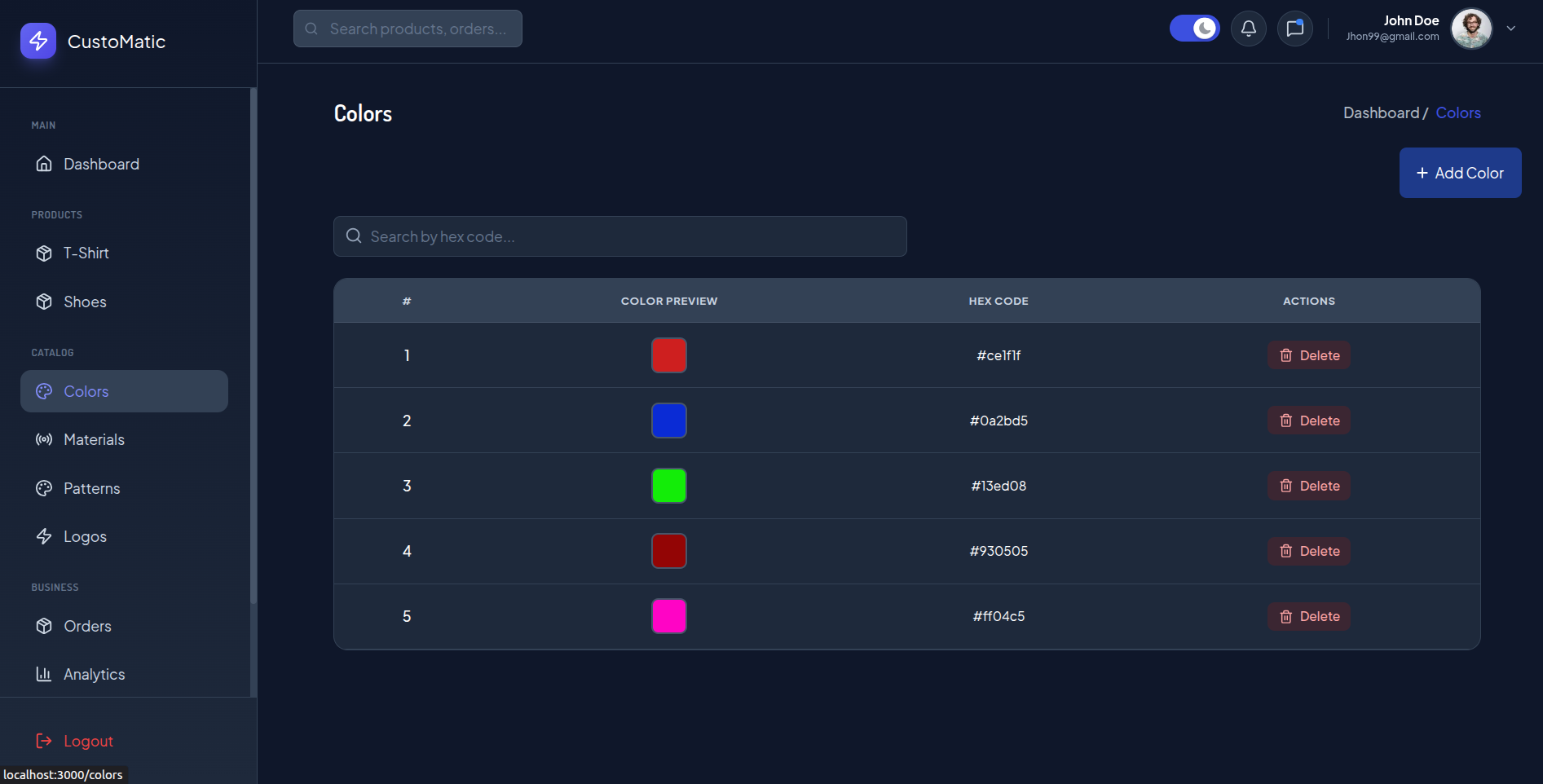 Color asset table