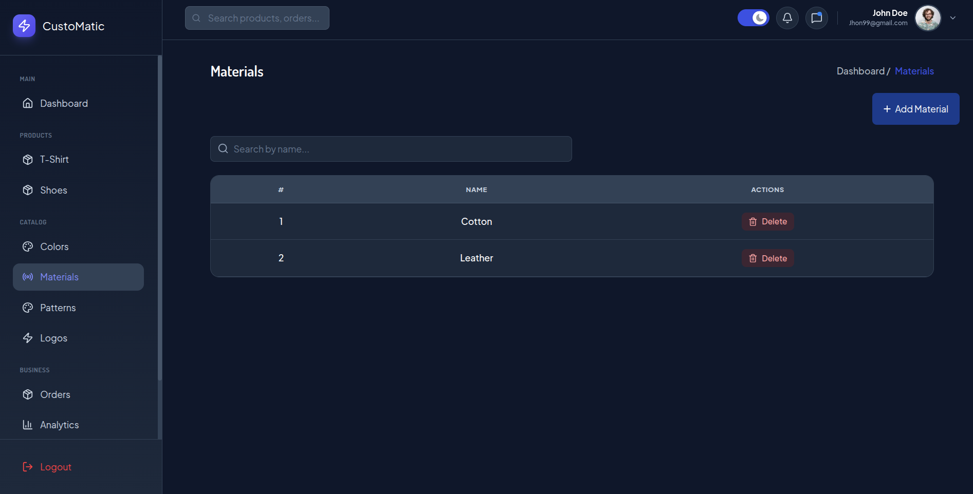 Material asset table