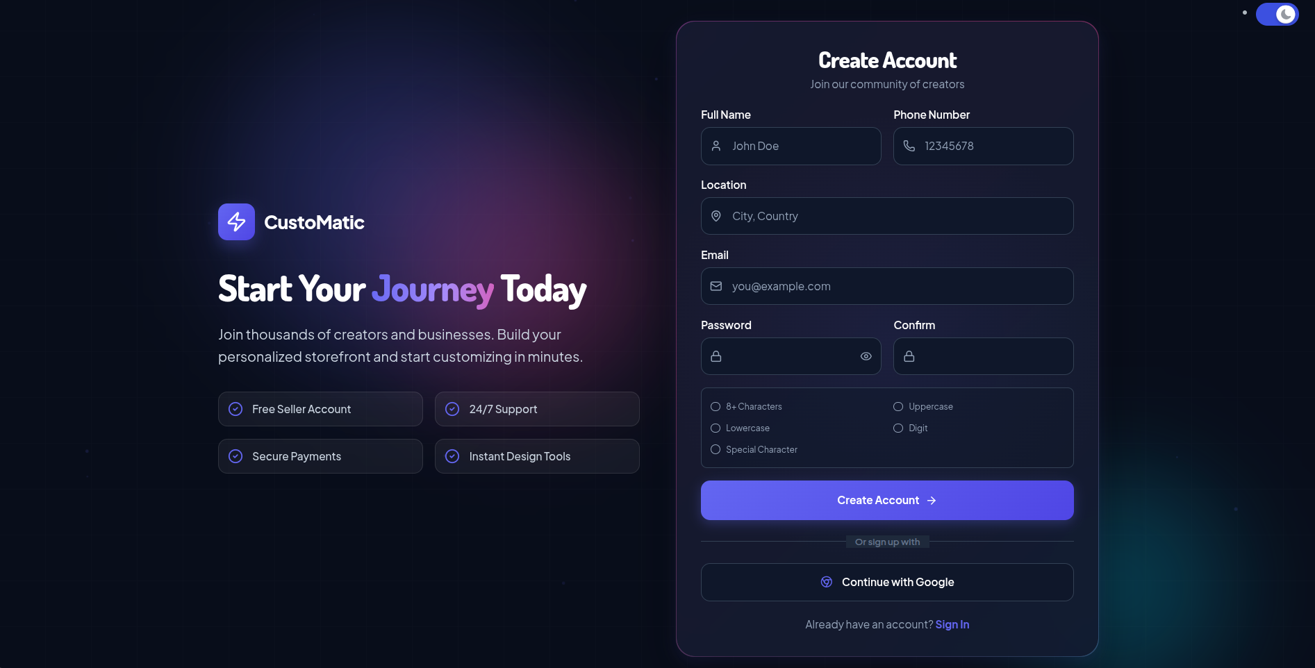 Admin sign up screen