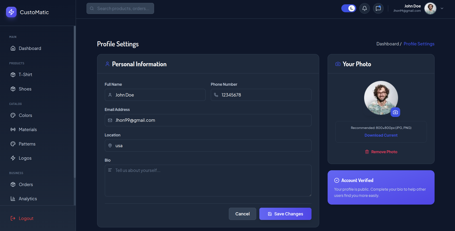 Admin profile settings